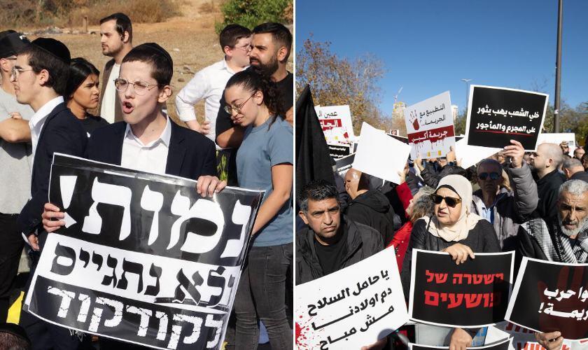 הפגנה של החברה הערבית נגד המשטרה (מימין) והפגנת חרדים נגד הגיוס. ליצוק תוכן לאחדות (צילומים: אלכס קולומויסקי, מוטי קמחי) הפגנה של החברה הערבית נגד המשטרה (מימין) והפגנת חרדים נגד הגיוס