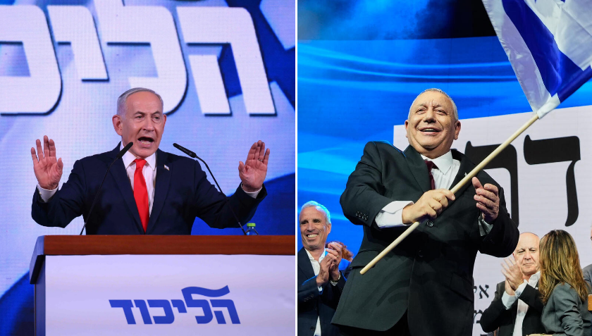 גדי איזנקוט ובנימין נתניהו במטות המפלגות בליל הבחירות